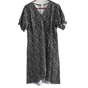 NEW Women Midi Dress Black with White Floral Pattern V Neck Zipper Back Size M